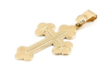 Vorschaubild: Goldener Kreuzanhänger mit geschwungenen Enden auf weißem Hintergrund.